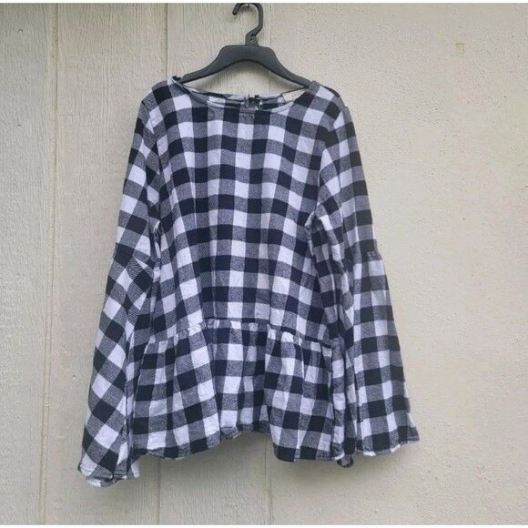 Fantastic Fawn whimsigoth blk/ wht bell sleeve blouse  plaid wmns sz Large Y2k - Picture 1 of 5